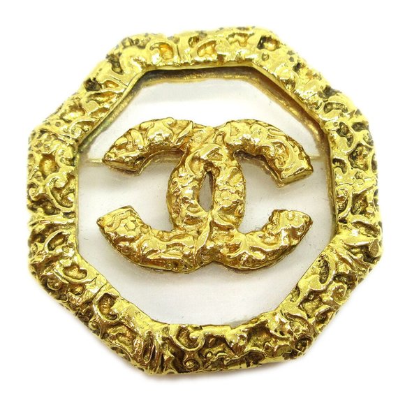 CHANEL CC Logos Brooch Pin Corsage Gold-Tone Clear 93A Authentic 71353 - Picture 1 of 4